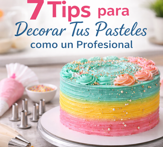 Pastel decorado con colores pastel y herramientas de repostería para ilustrar consejos de decoración de pasteles