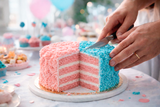 Corte de pastel de revelación del sexo del bebé mitad rosa y mitad azul en Barcelona