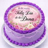 Pastel morado con oblea floral Feliz Día de la Mujer 8 de marzo Barcelona