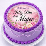 Pastel 8M con oblea floral rosa Feliz Día de la Mujer estilo elegante Barcelona