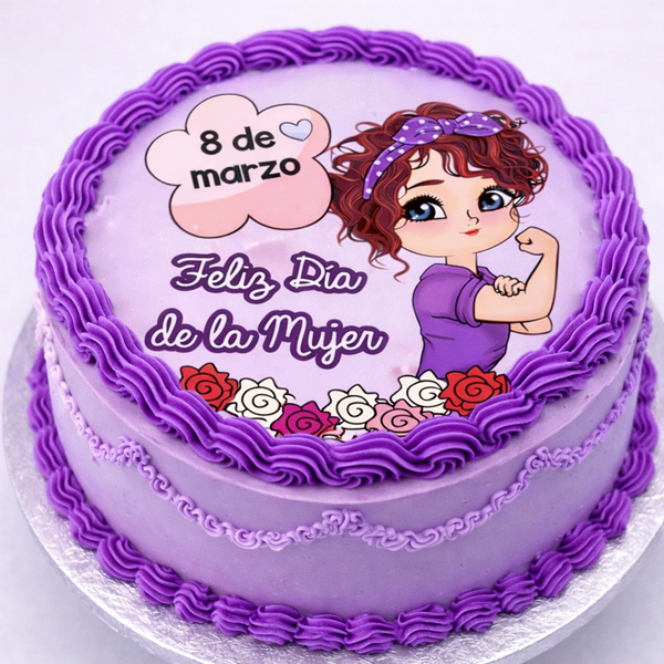 Tarta Día de la Mujer en Barcelona con mensaje 8M y acabado lila elegante